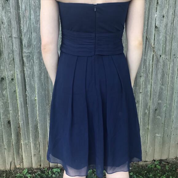 David's Bridal Short Crinkle Chiffon Dress Front Cascade Navy Strapless Mini - Picture 4 of 13